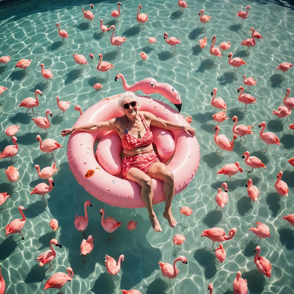 Elderly Woman on Flamingo Float in Pool