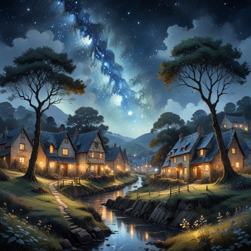 Whimsical Countryside Village in Astral Cosmic Style