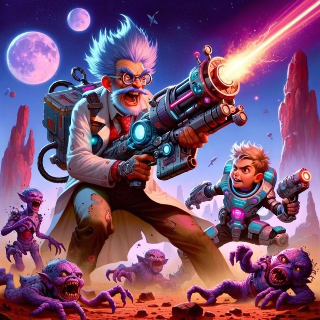 Alien Battle Scene with Professor and Nephew