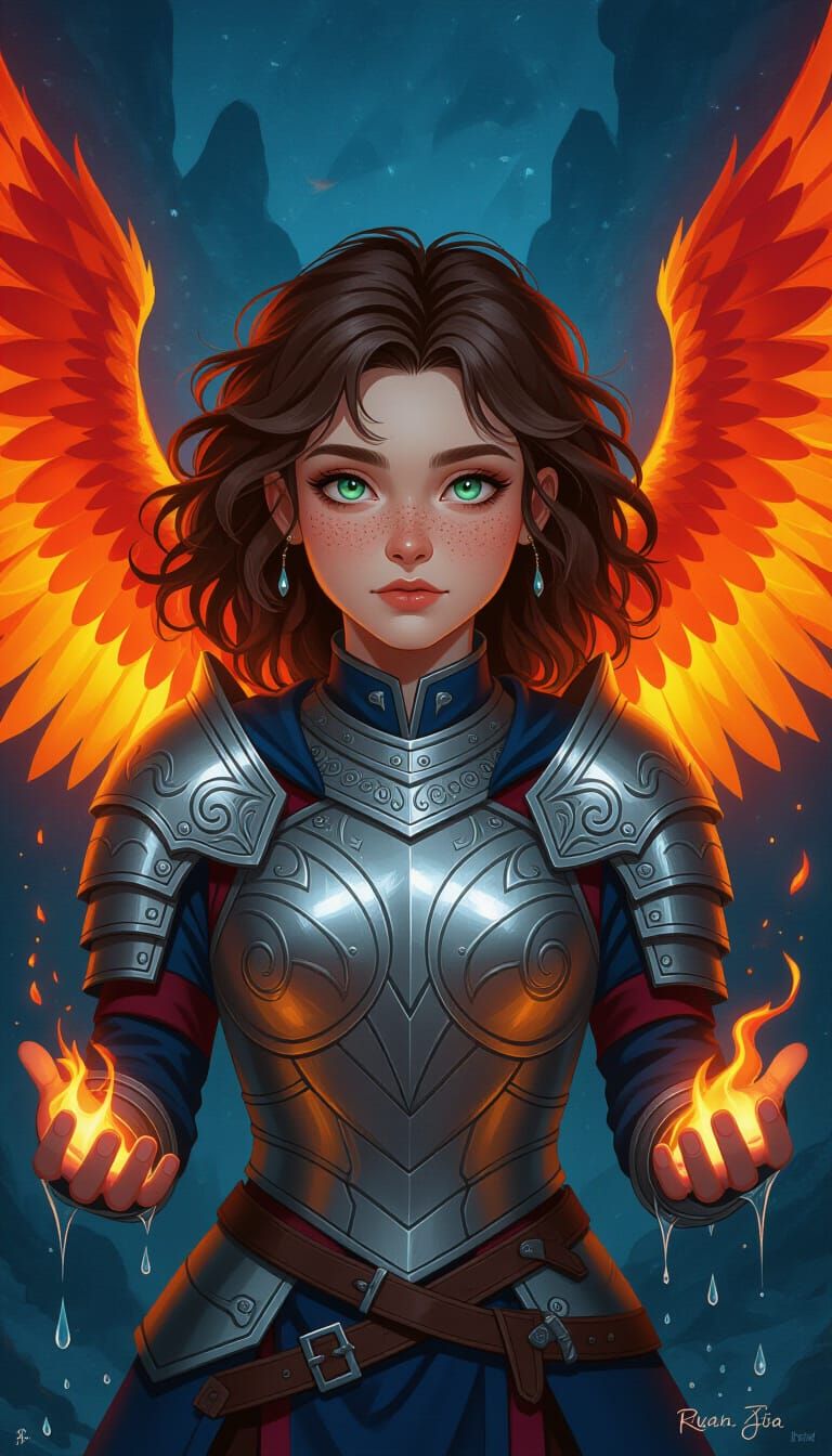 Fantasy Warrior Girl with Fiery Phoenix Wings