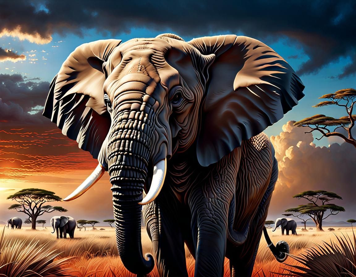 Powerful African Elephant Portrait in Digital Painting Style
