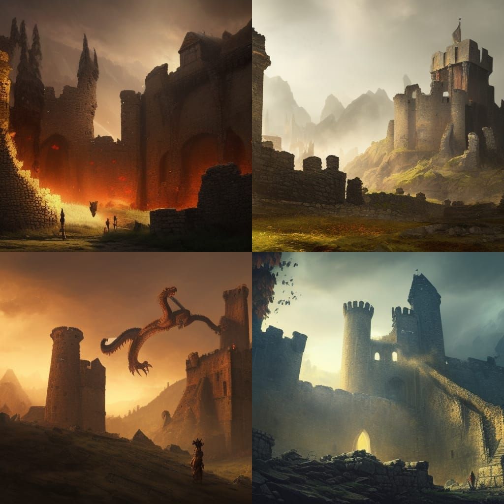 Dragon in Castle Ruins: Dark Fantasy Art