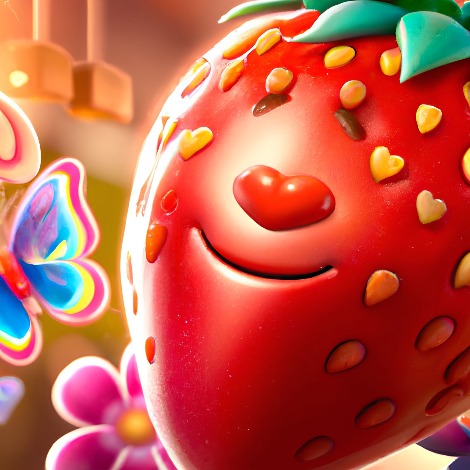 Adorable Strawberry Surrounded by Hearts and Flowers