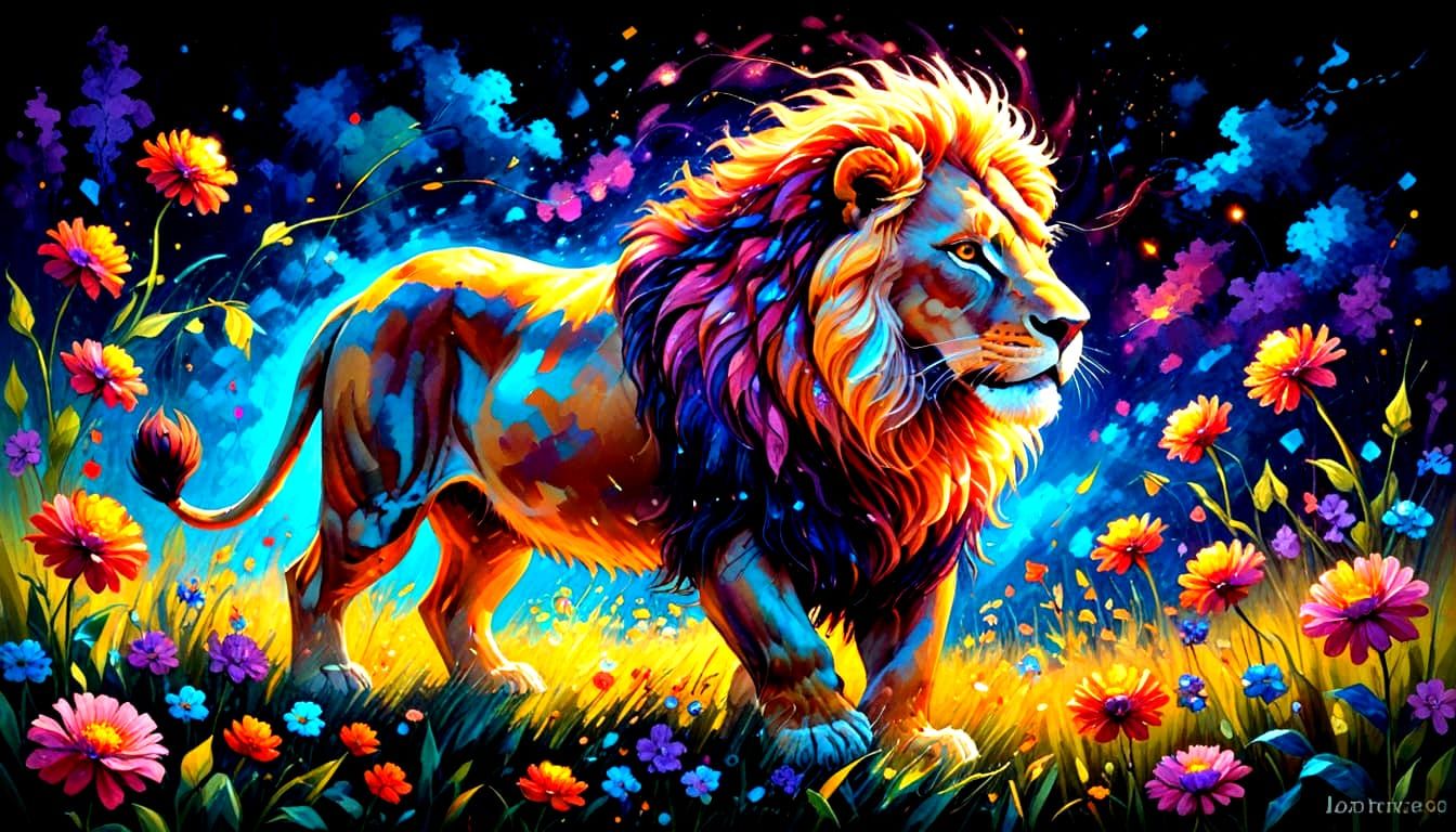 Majestic Lion in Fiber Optics: Neo-Impressionist Art