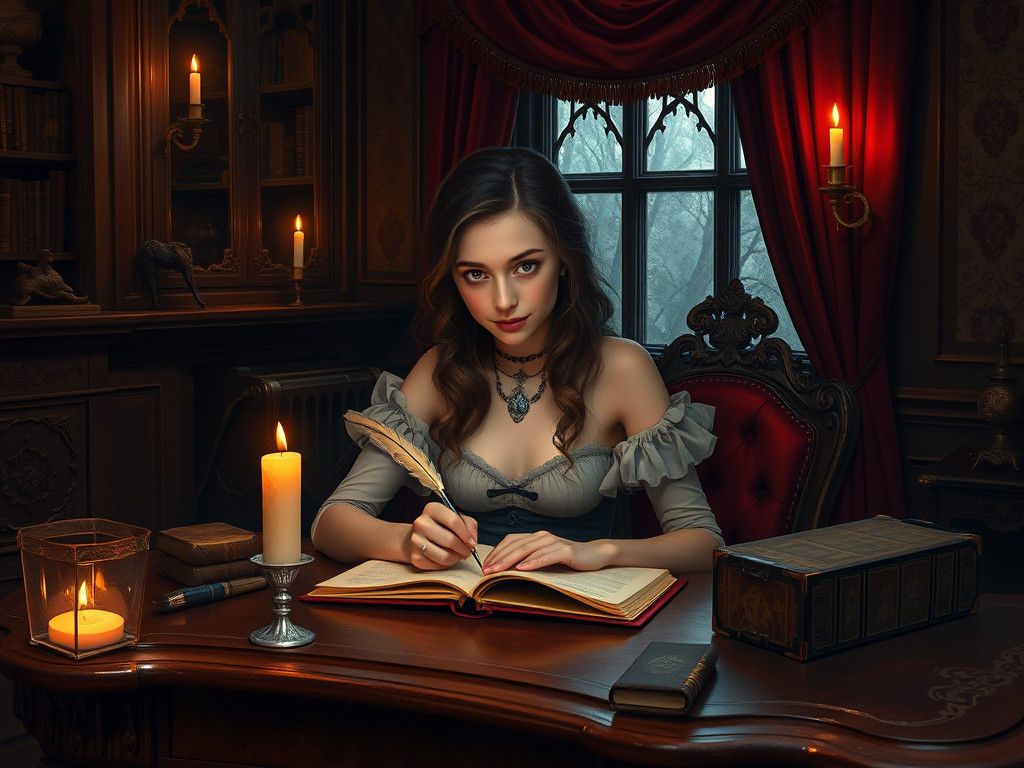 Victorian Woman Writing in Candlelight, Mystical Illustratio...