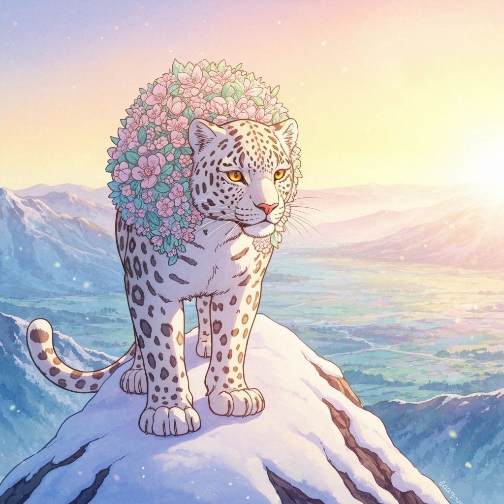 Snow Leopard with Cherry Blossoms, Anime Style