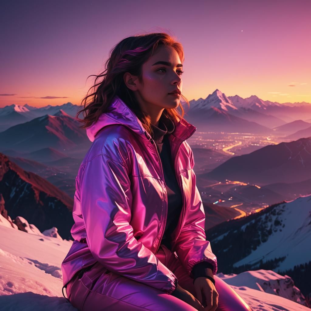 Girl on Mountain in Synthwave Neon Retro Style