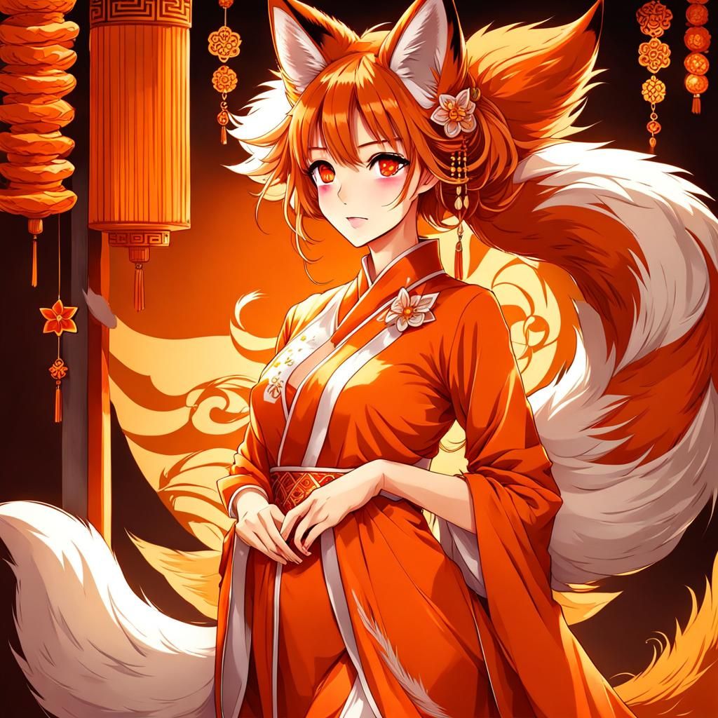 Anime Fox-Woman in Cheongsam: Japanese Manga Style