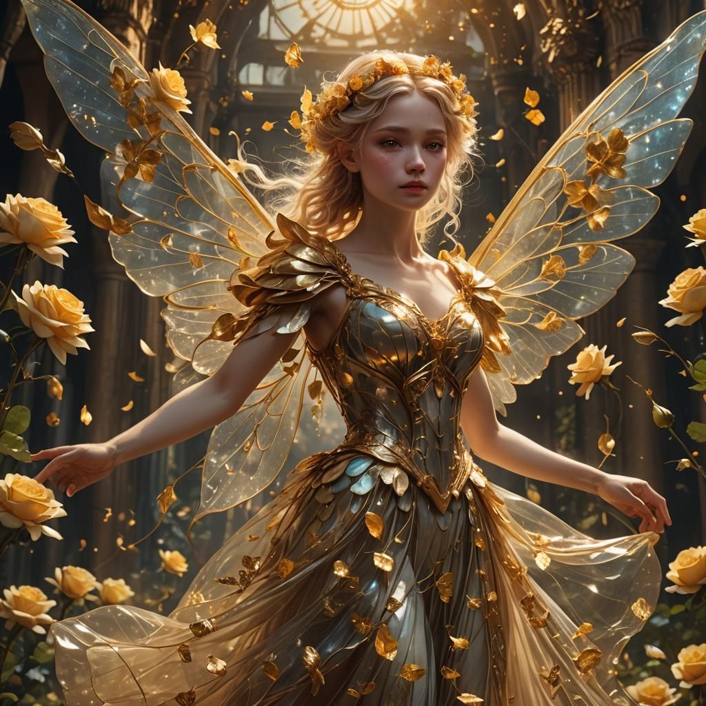 Luminescent Fairy with Golden Roses Digital Painting