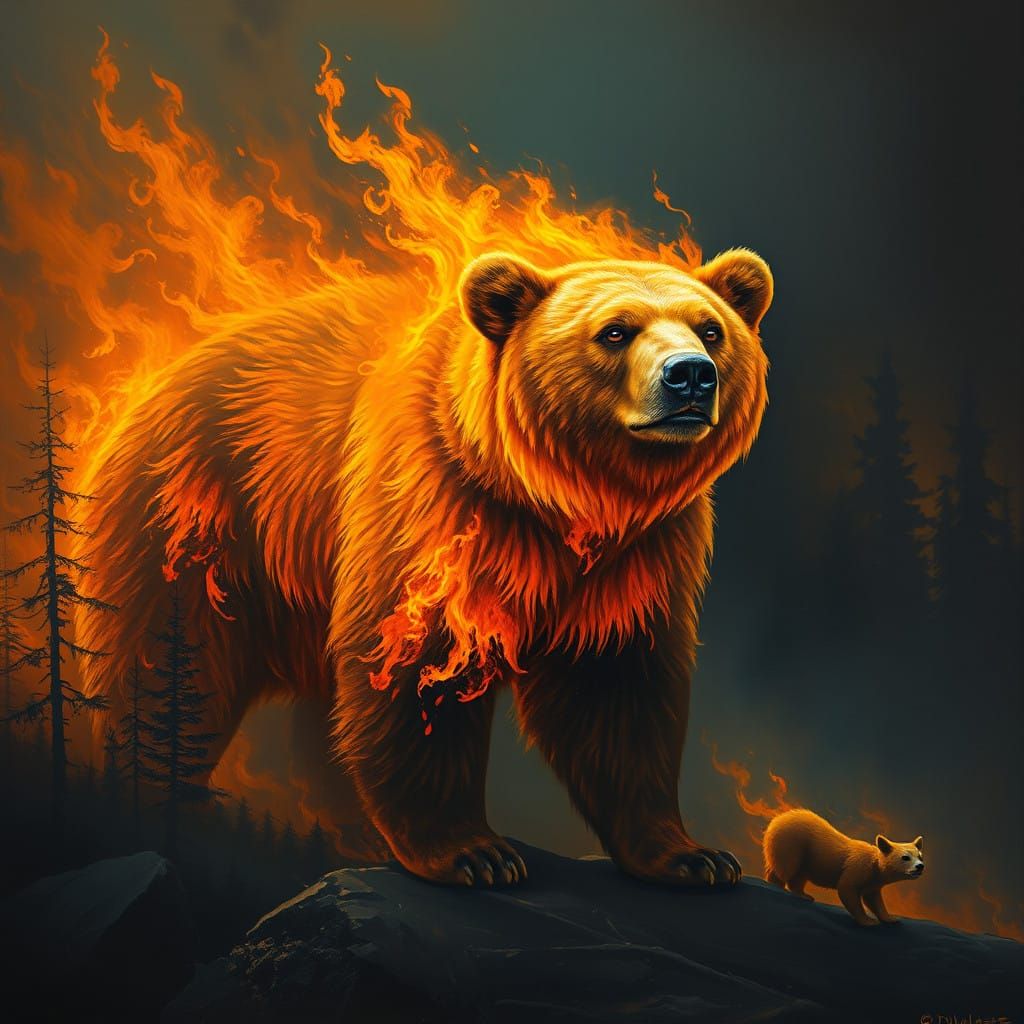Fiery Grizzly Bear in a Burning Forest Landscape