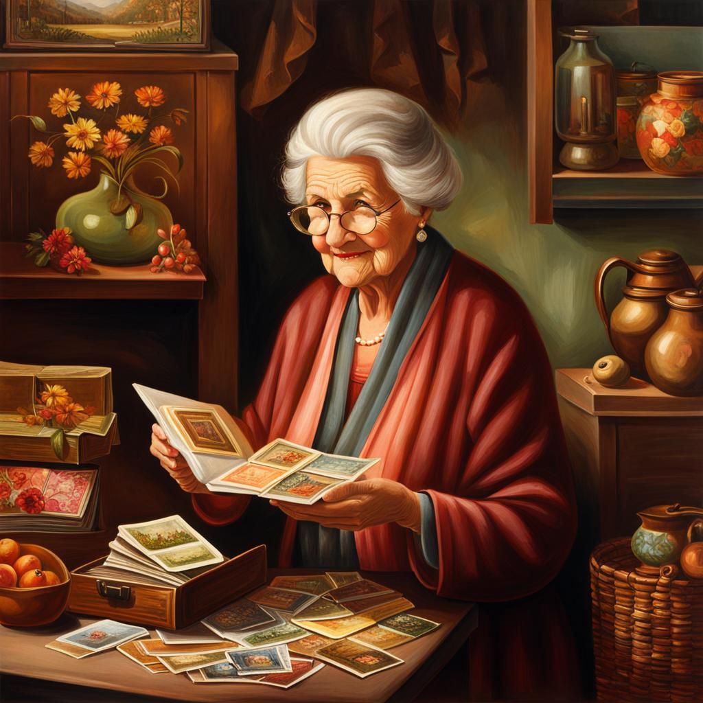 Elderly Woman Reading Postcard in Realistic Painting