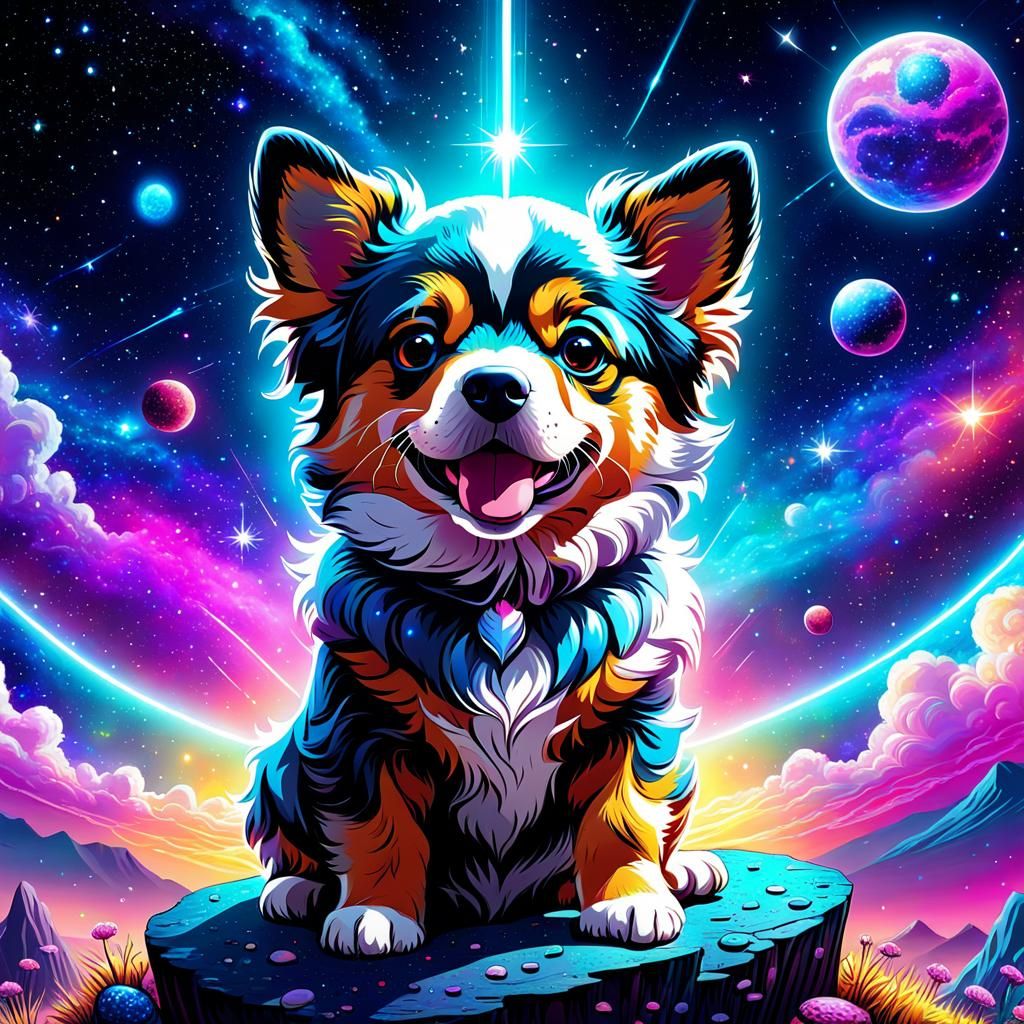 Cute Dog in Holographic Cosmic Astral Illustration