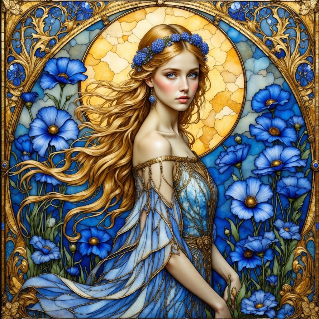Art Nouveau Woman with Blue Poppies in Stained Glass
