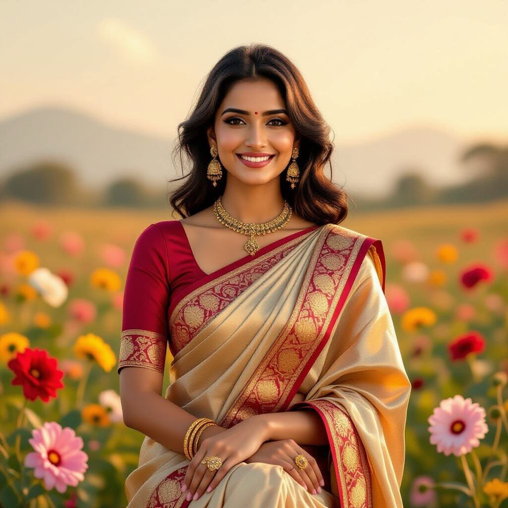 Elegant Woman in Floral Landscape, Golden Lighting