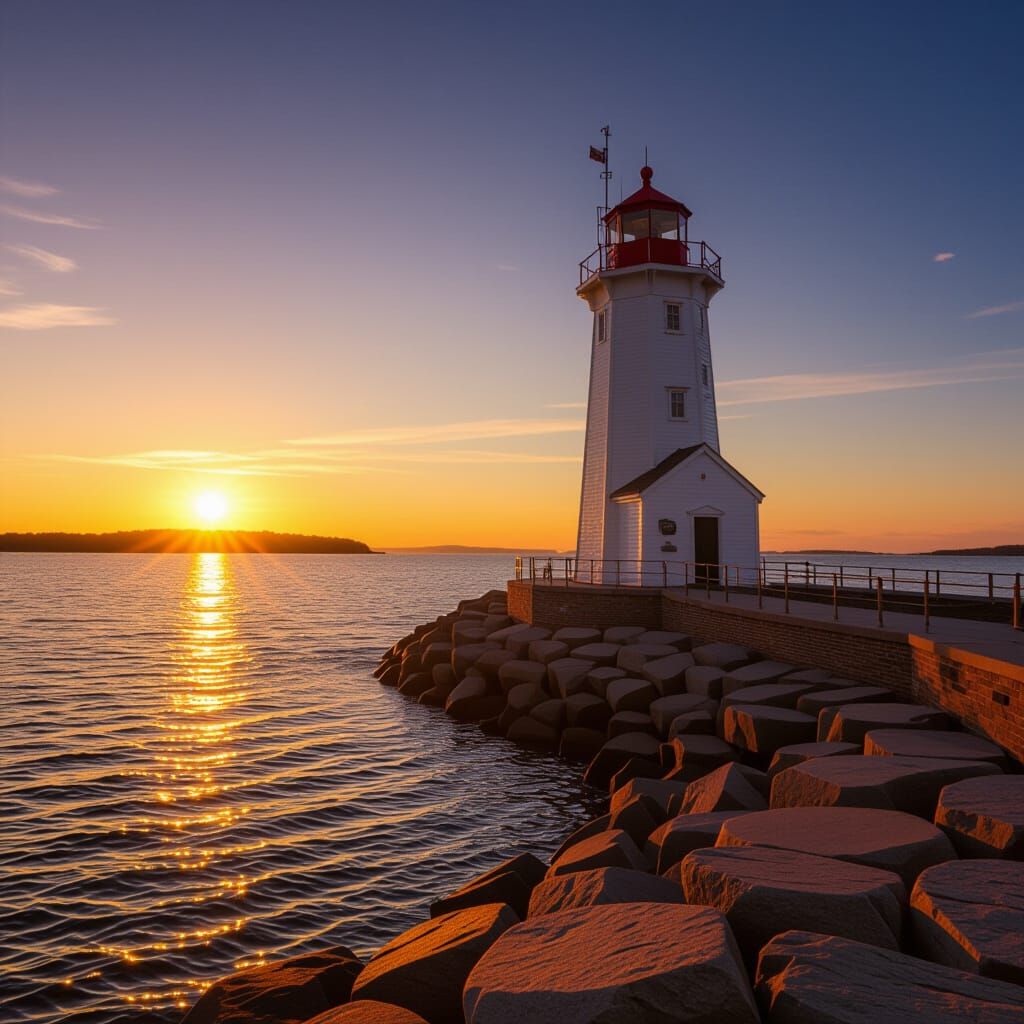 Serene Lighthouse at Sunset Over Water