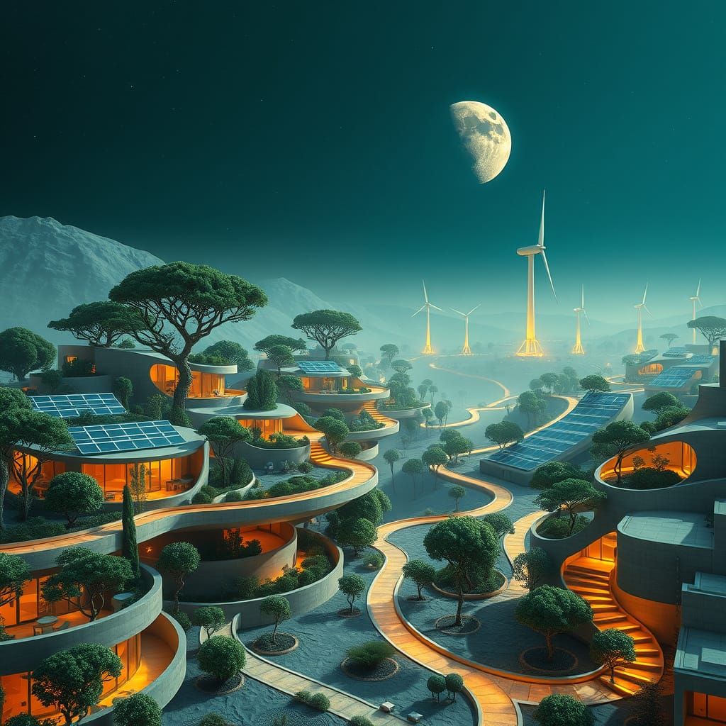 Surreal Lunar Eco-Utopia in Solarpunk Style
