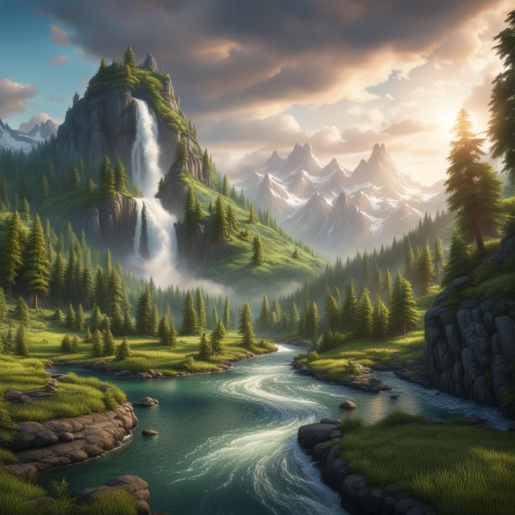 Vibrant Summer Landscape with Snow Mountains: Digital Art