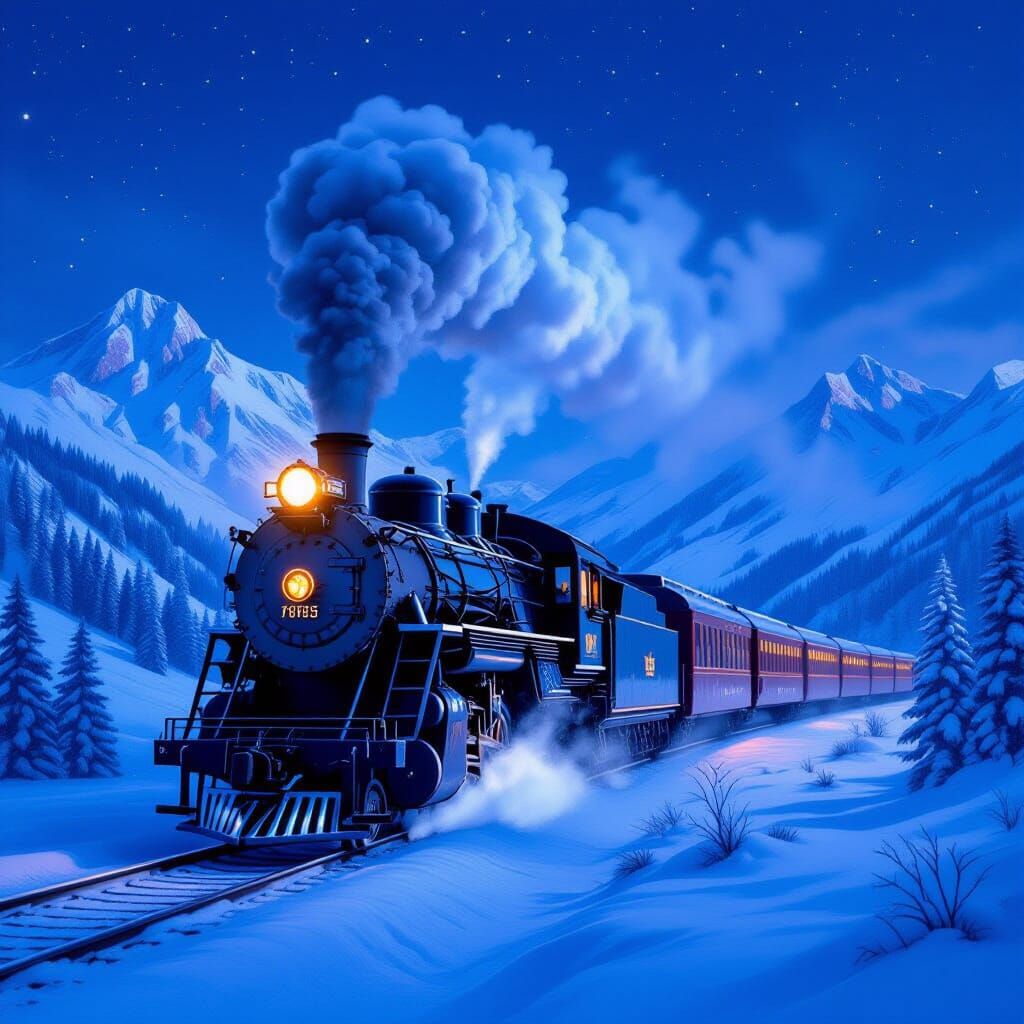 Majestic Frosty Steam Train in Snowy Mountain Twilight