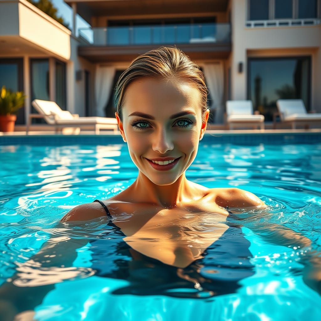 Realistic Portrait of a Serene Russian Woman Swimming in a L...