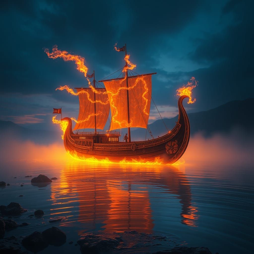 Viking Longship Funeral Pyre on Misty River