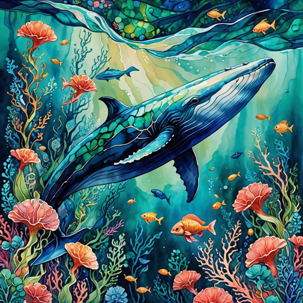 Blue Whale Family in Vibrant Coral Reef Art