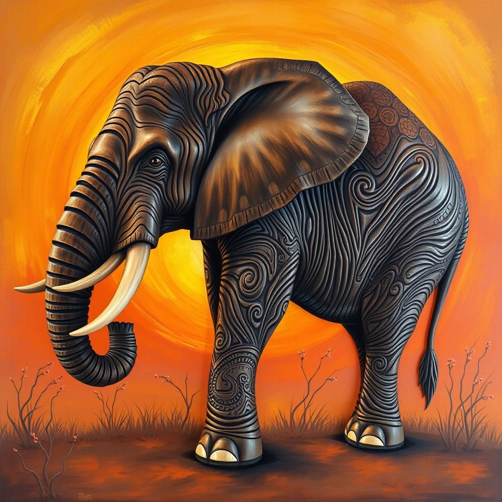Ornate African Elephant Carving in Oil Painting Style