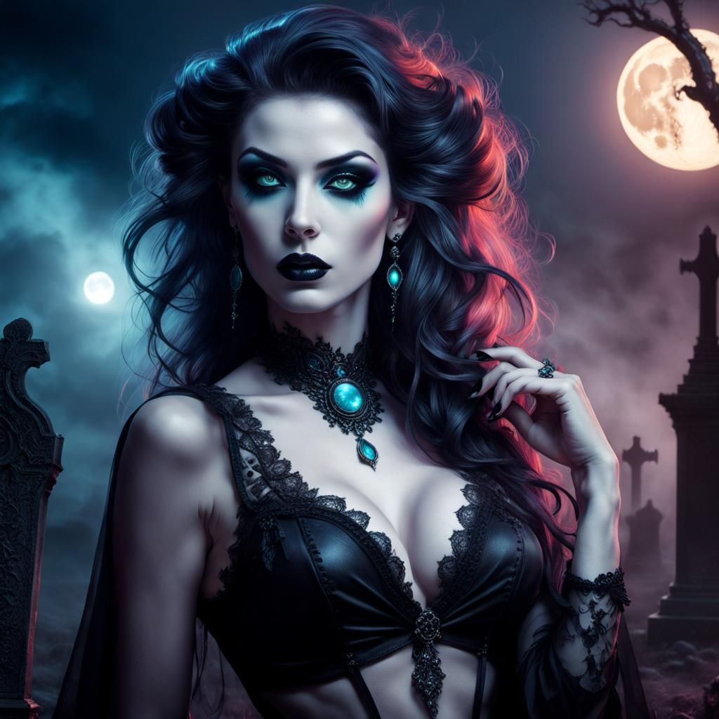 Goth Pin-Up in Bioluminescent Graveyard