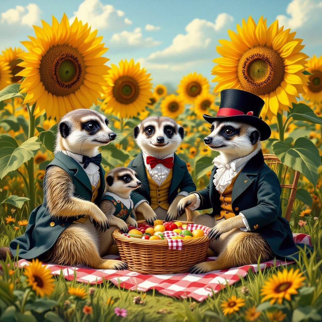 Victorian Meerkats' Sunflower Picnic: Hyperrealistic Whimsy