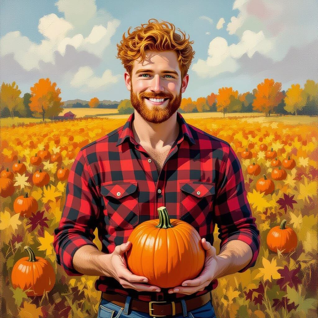 Dashing Man Offers Cider in Pumpkin Patch Painting