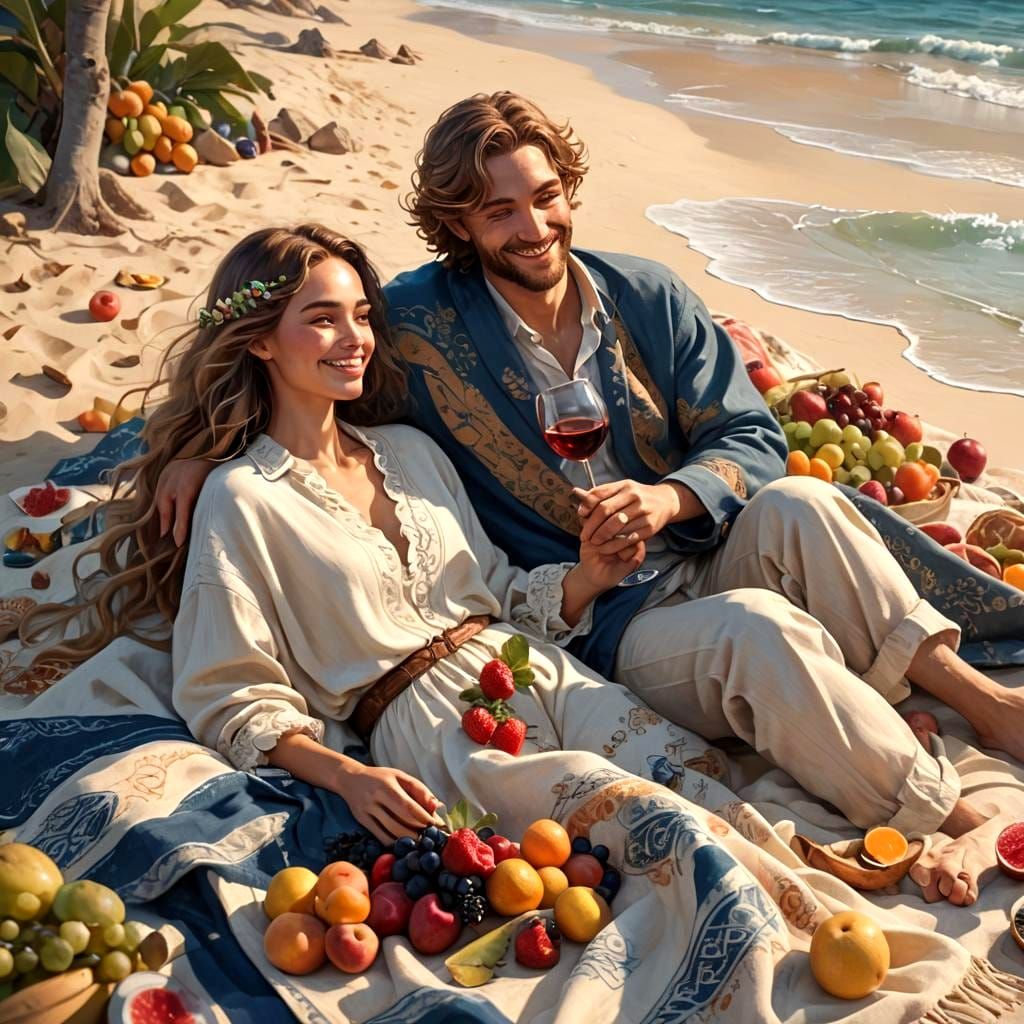 Beach Picnic: Loving Couple's Bliss in Matte Painting Style