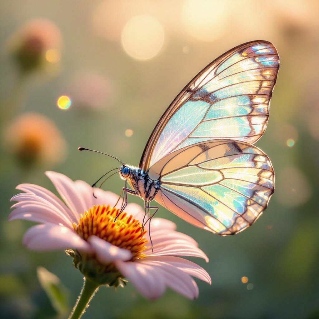 Crystal Butterfly Lands on Sunlit Flower in Ethereal Glow