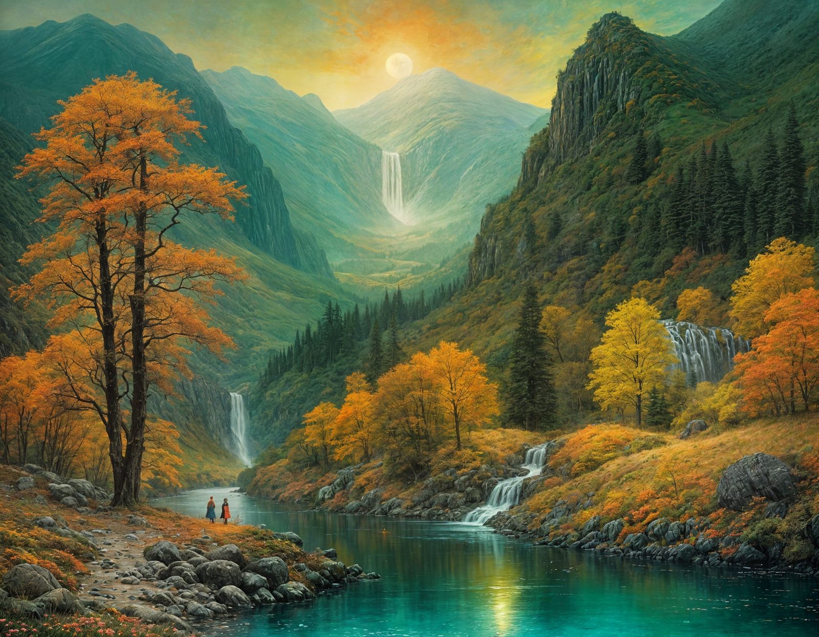 Mountain Landscape with Waterfall in Vibrant Orange and Teal