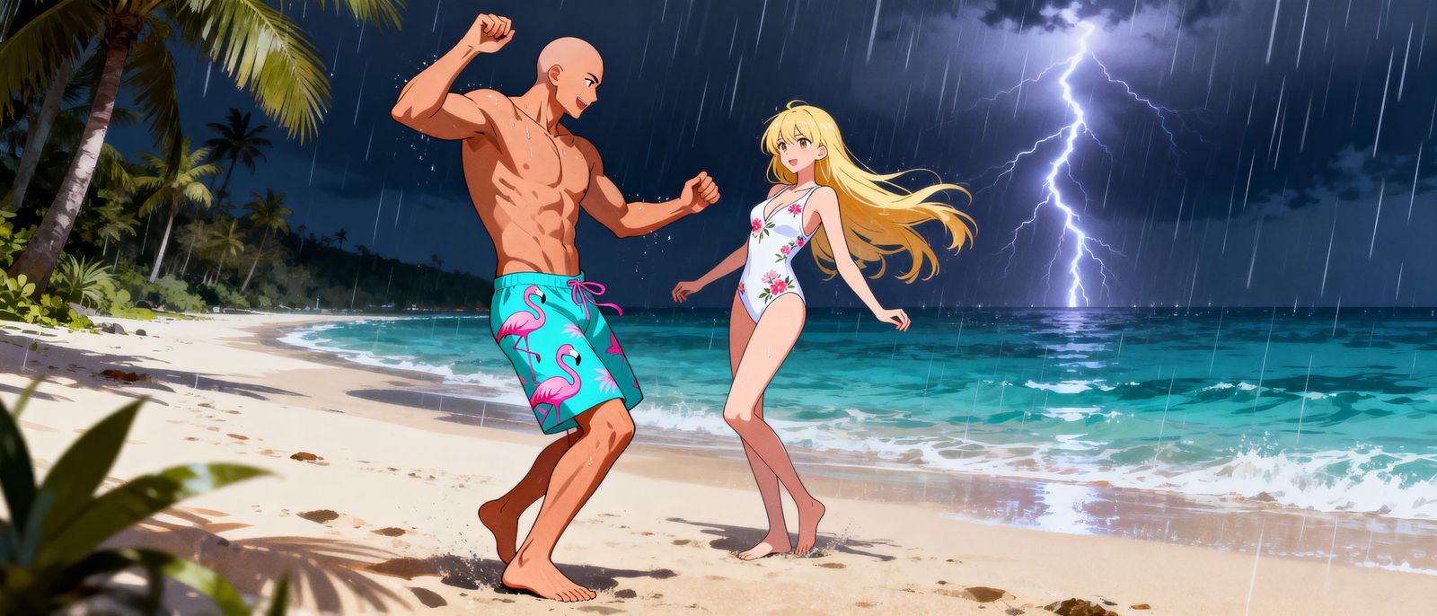 Anime Couple Dancing in Tropical Rainstorm