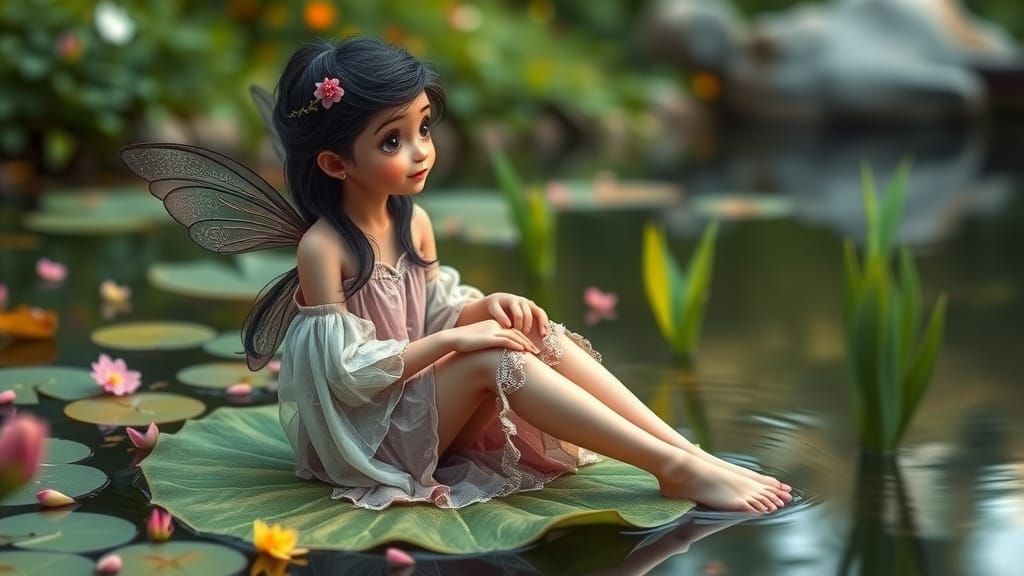 Contemplative Fairy by Pond in Dreamy Photo Style
