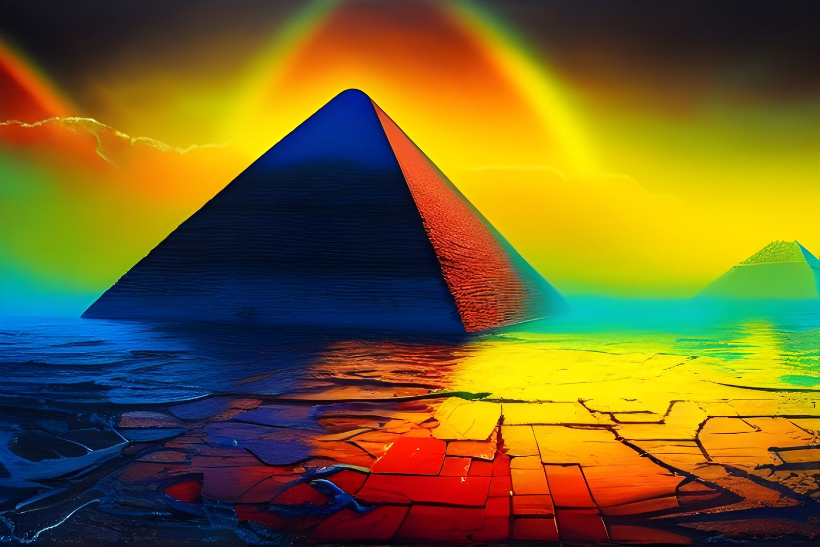 Rainbow Acrylic Pour on the Great Pyramid: Oil Painting
