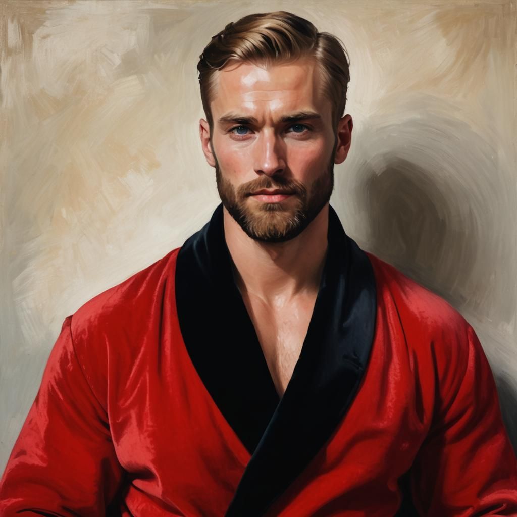 Handsome Blond Man in Carmine Velvet Bathrobe as Impressioni...