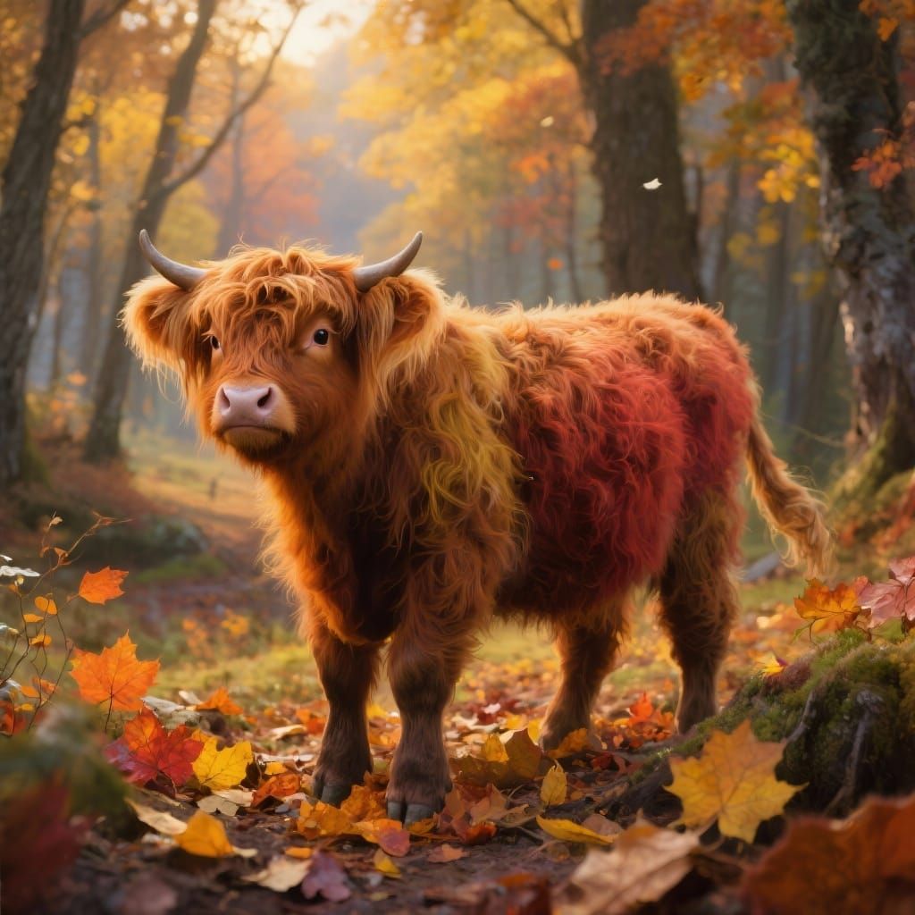 Cute Highland Cows in Autumn Forest