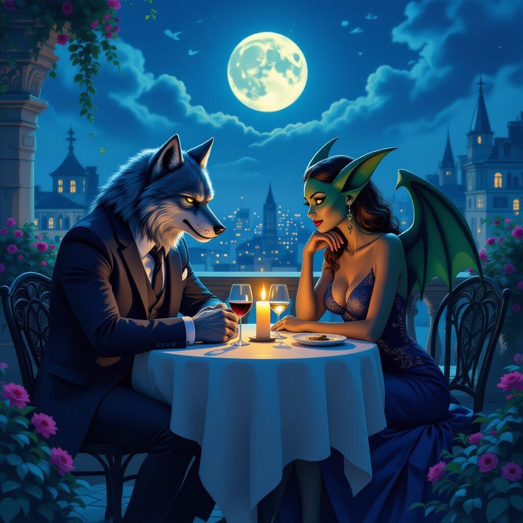 Werewolf and Gargoyle Date in Moonlit Garden
