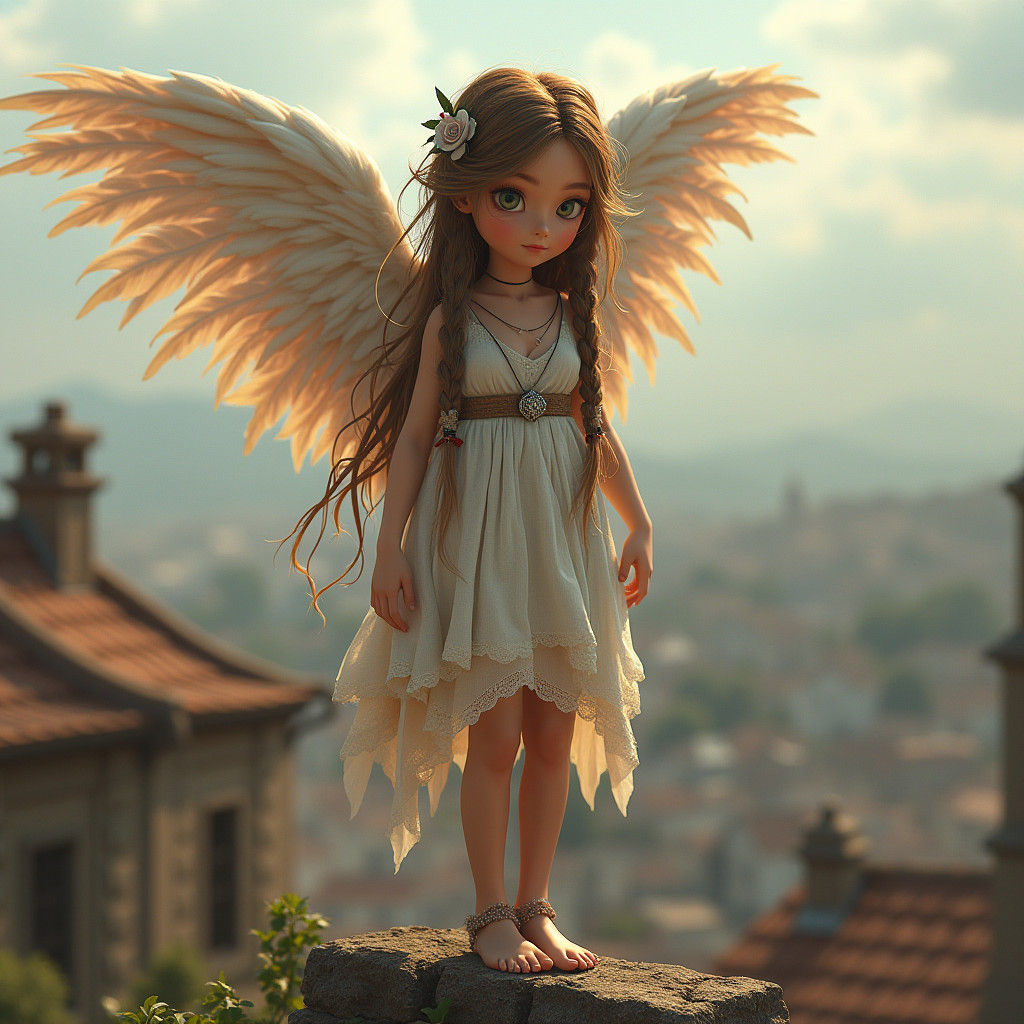 Whimsical Boho Angel with Feather Wings in Digital Art