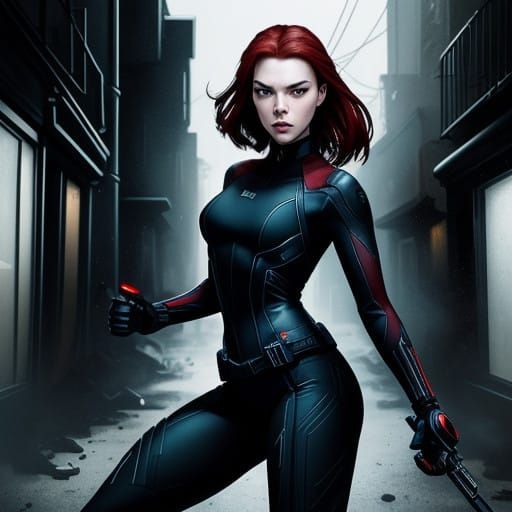 Sleek Black Widow in Gritty Urban Alleyway - Kinetic Comic B...
