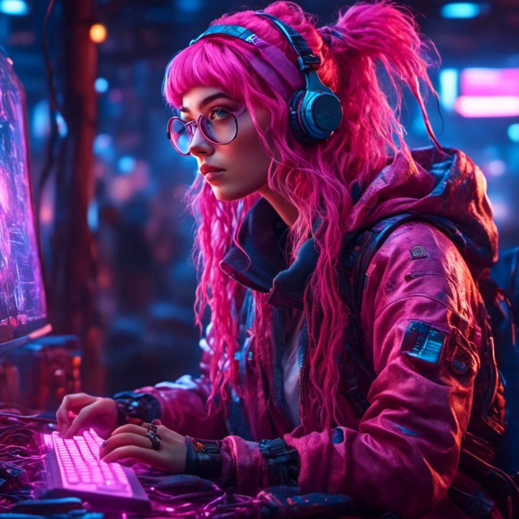 Cyberpunk Woman Working in Neon Cityscape