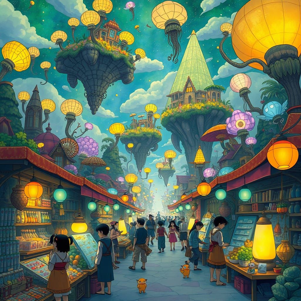 Fantasy Marketplace Under Floating Islands with Bioluminesce...