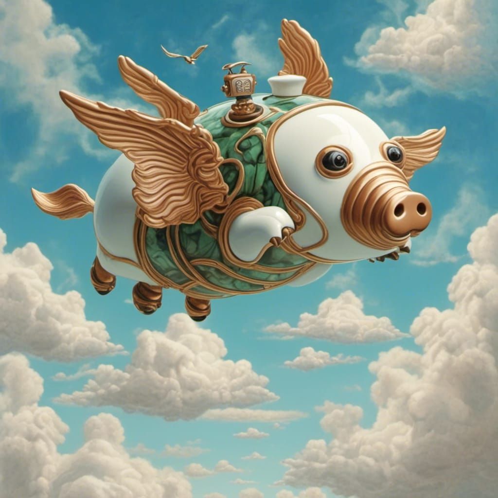 Flying Robot Pig in Clouds, Art Deco Style