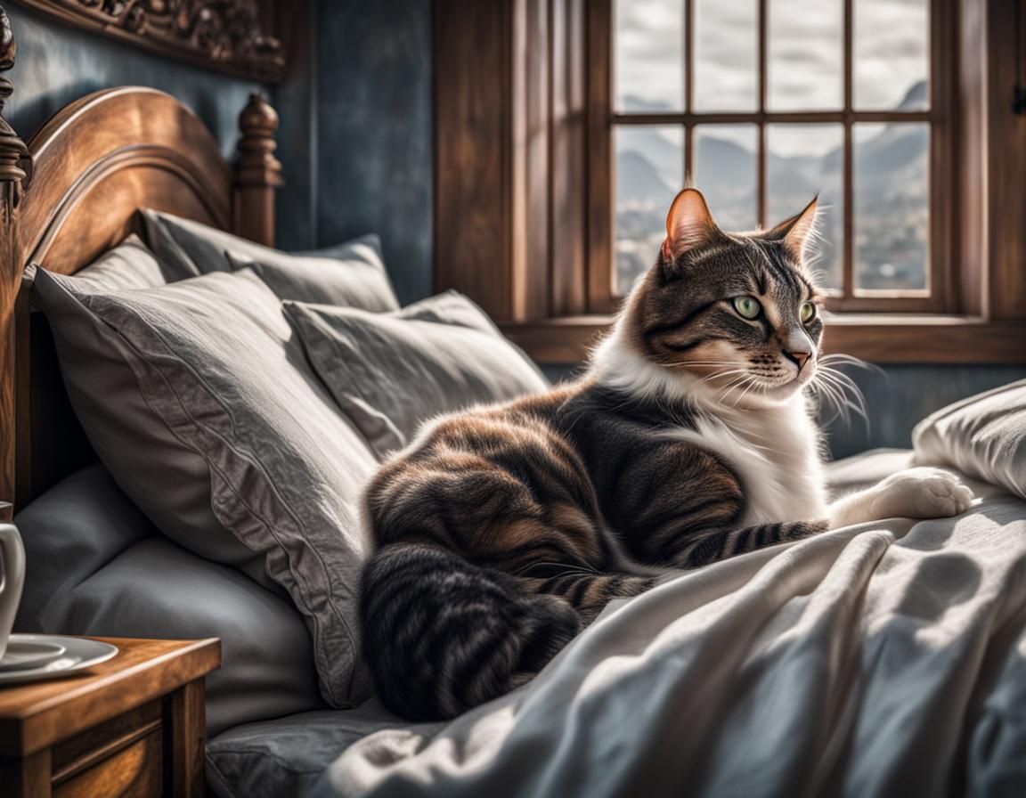 Hyperrealistic Girl and Cat Sleeping in Bed