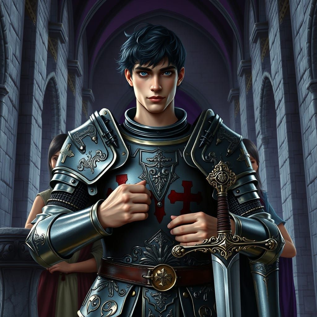 Chivalrous Knight in Templar Armor Assisted by Young Squires