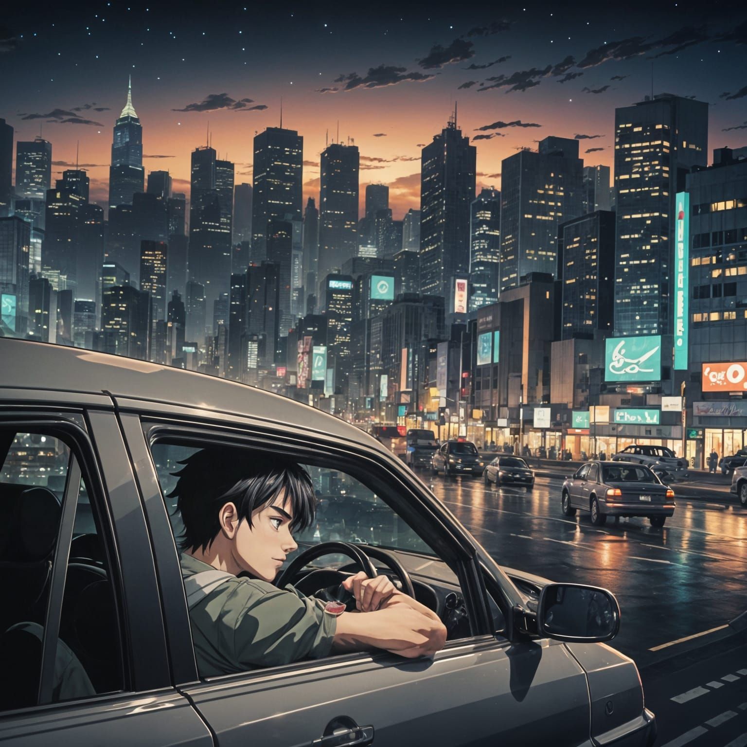 Tired Man Gazing at City Nightscape in Anime Style