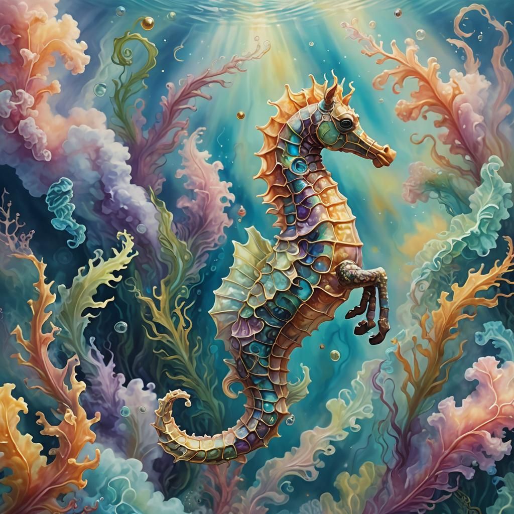Dreamlike Seahorse in Surreal Underwater World