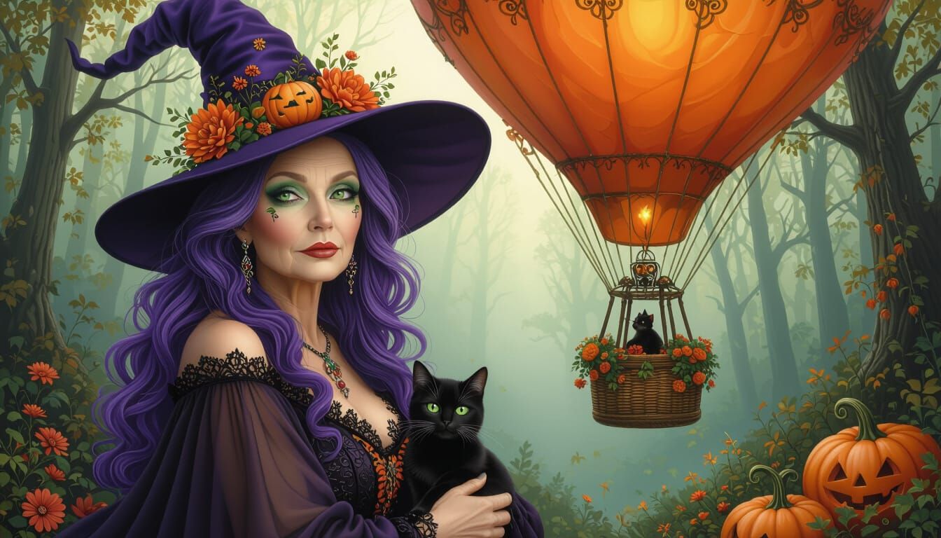 Enchanting Witch with Purple Hair and Hot Air Balloon
