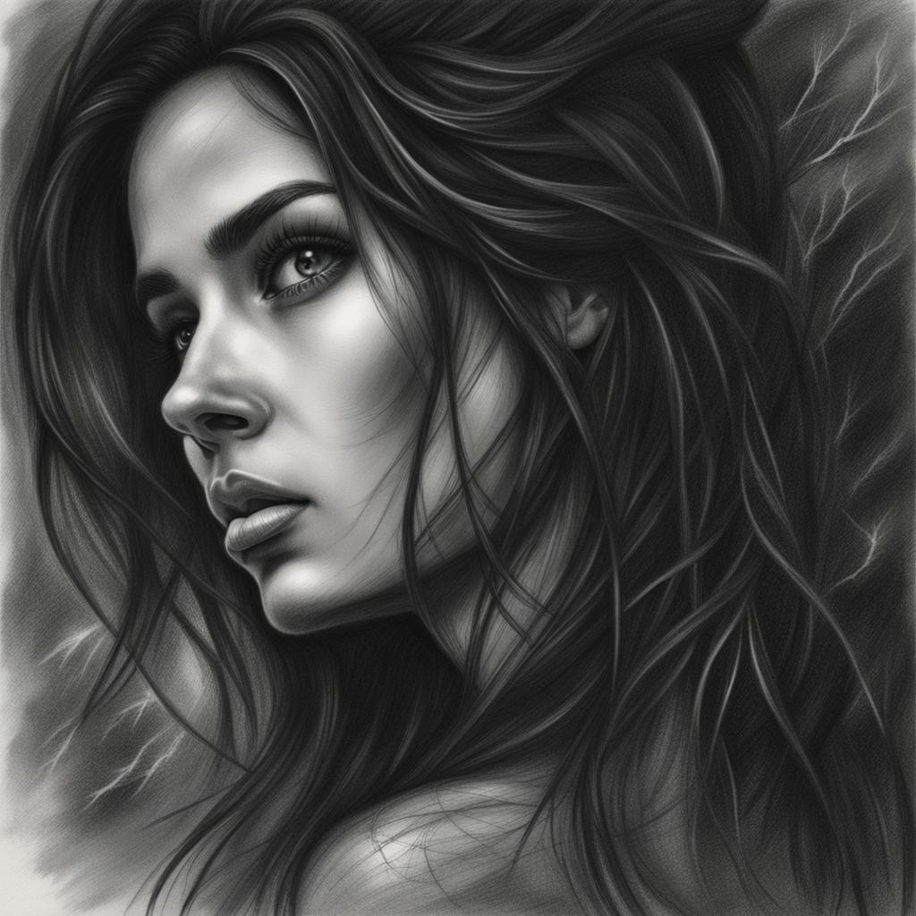 Night Stars and Lightning: Hyperdetailed Charcoal Portrait