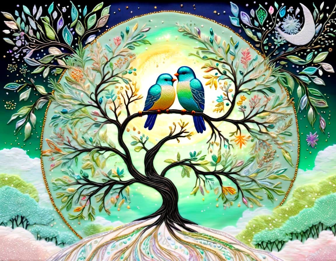 Embroidery Birds Perched on Glittering Branch in Dreamscape